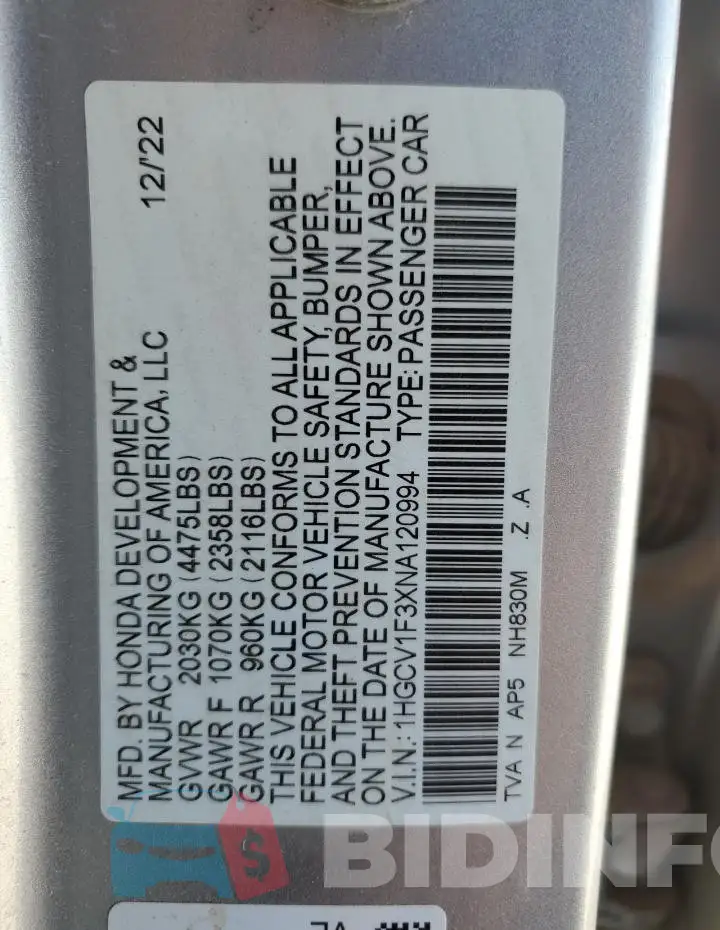 1HGCV1F3XNA120994 Photo# 12