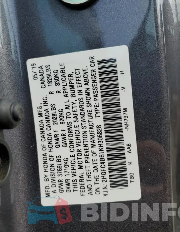 2HGFC4B61KH306828 Photo# 12