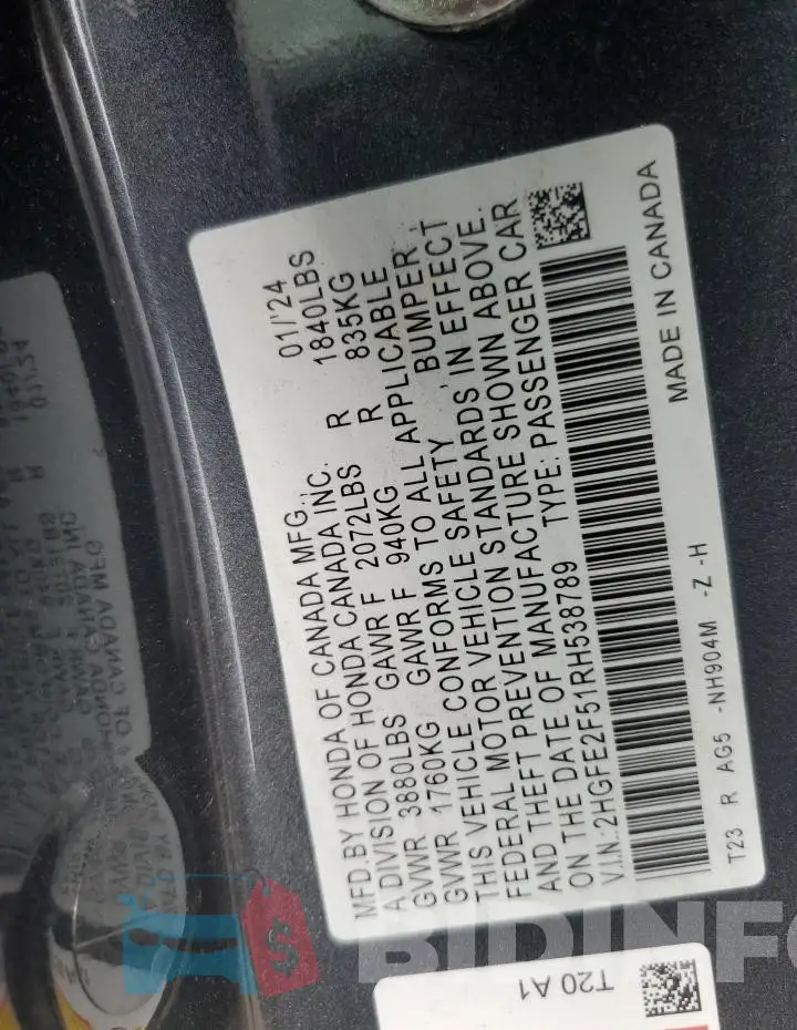 2HGFE2F51RH538789 Photo# 12