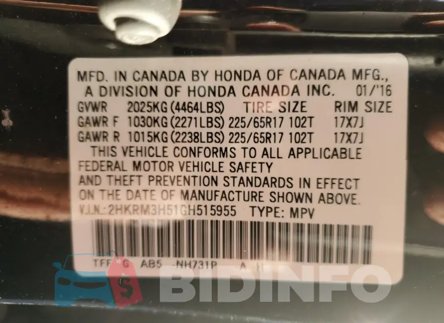 2HKRM3H51GH515955 Photo# 12