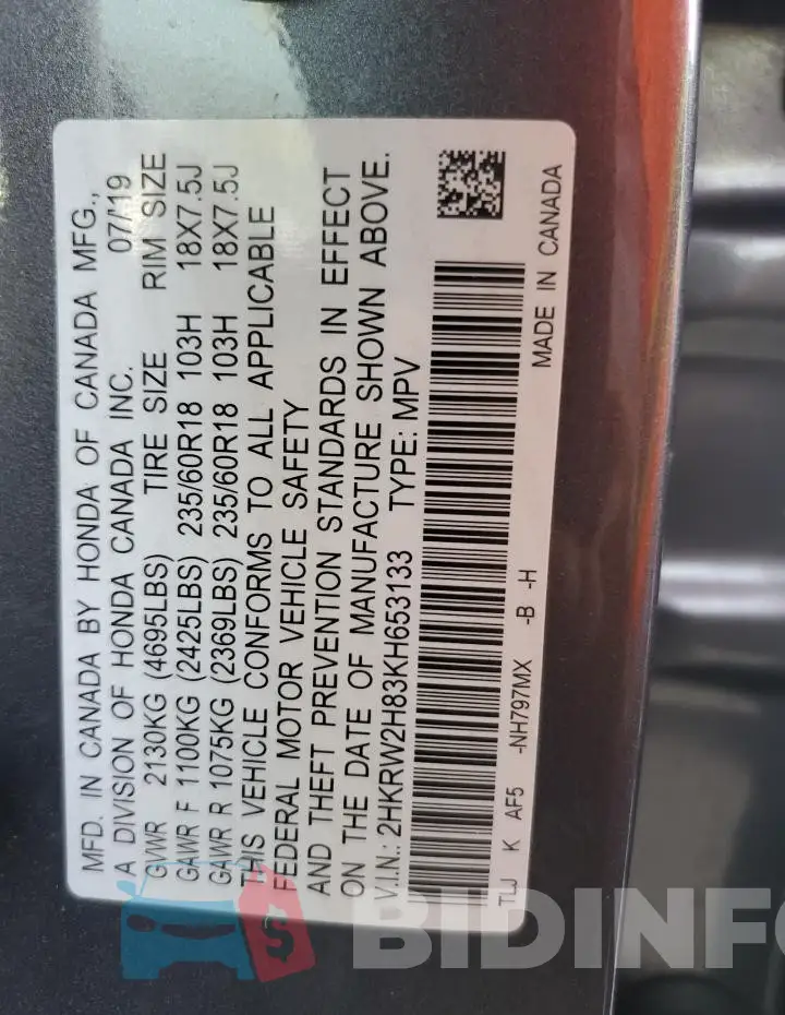 2HKRW2H83KH653133 Photo# 14