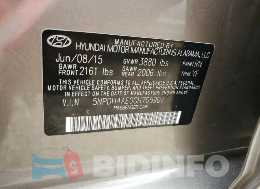 5NPDH4AE0GH705907 Photo# 13