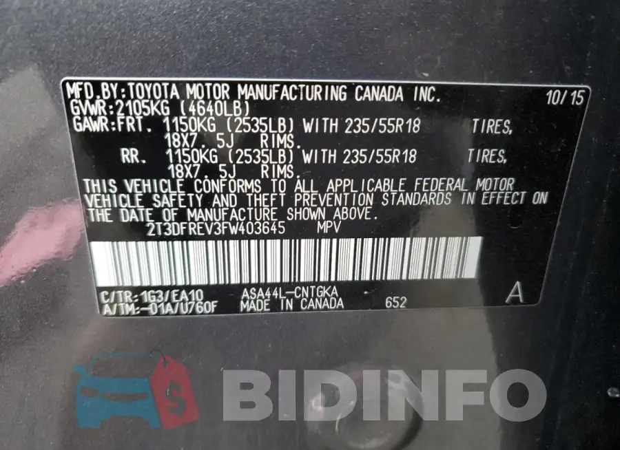 2T3DFREV3FW403645 Photo# 13