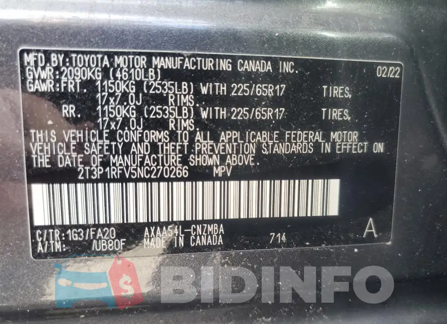 2T3P1RFV5NC270266 Photo# 13