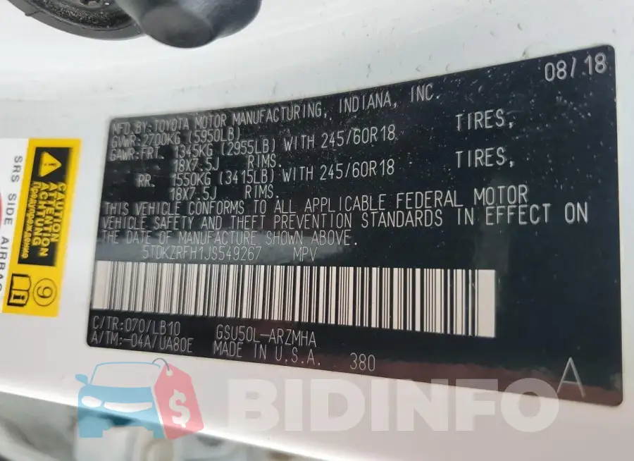 5TDKZRFH1JS549267 Photo# 13