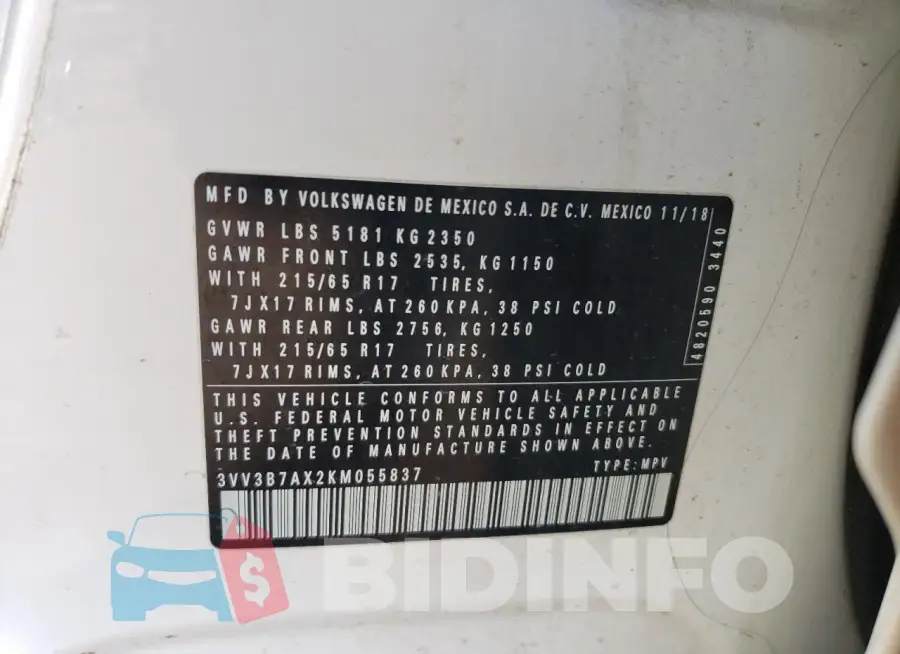 3VV3B7AX2KM055837 Photo# 13