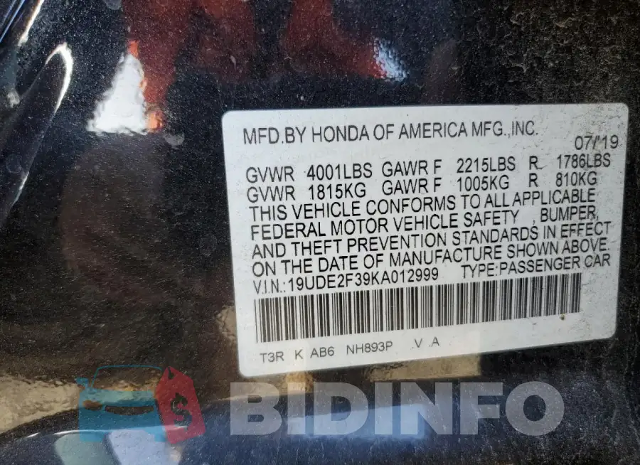 19UDE2F39KA012999 Photo# 13
