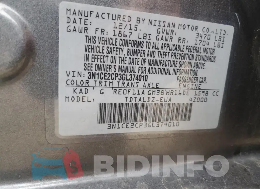 3N1CE2CP3GL374010 Photo# 12