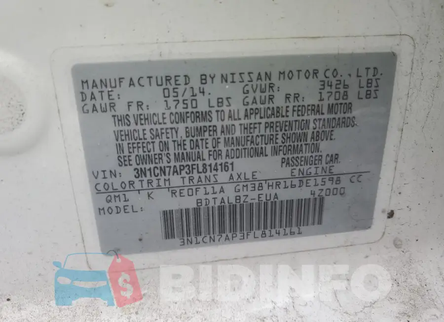 3N1CN7AP3FL814161 Photo# 12