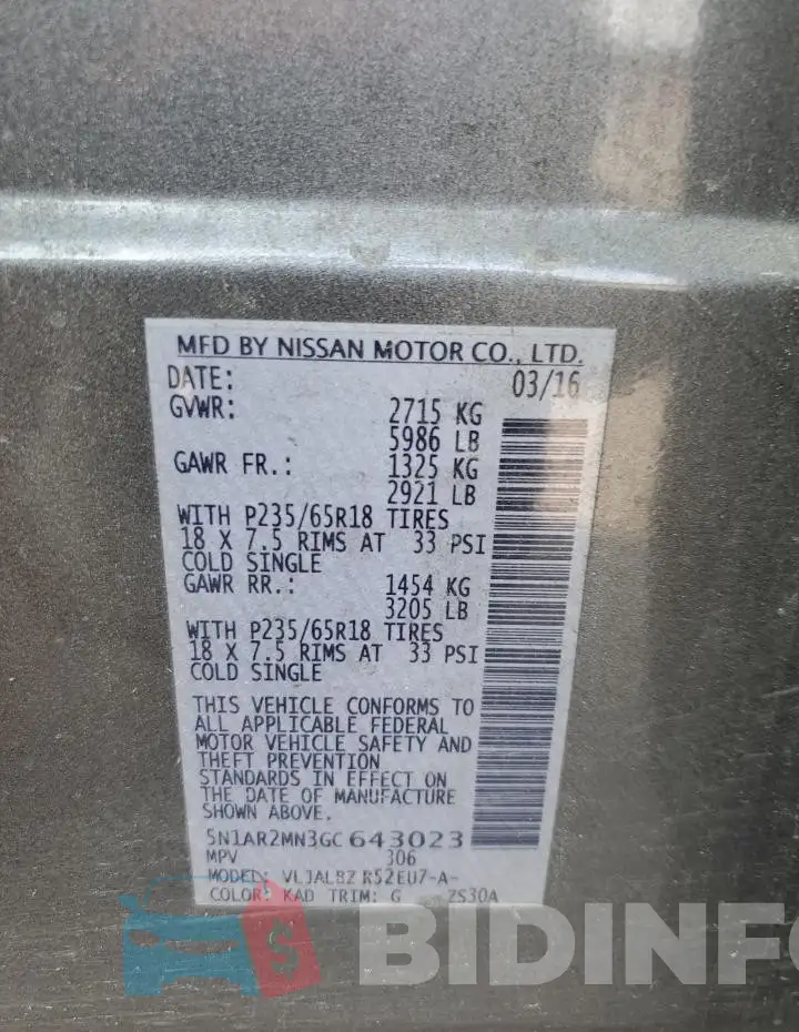 5N1AR2MN3GC643023 Photo# 14