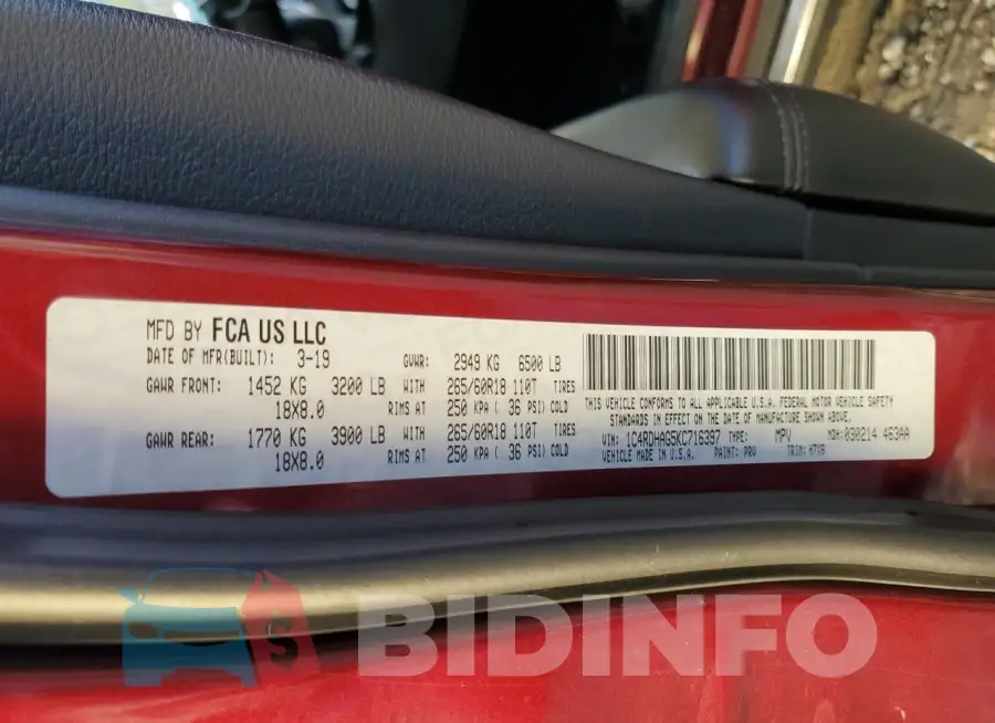 1C4RDHAG5KC716397 Photo# 14