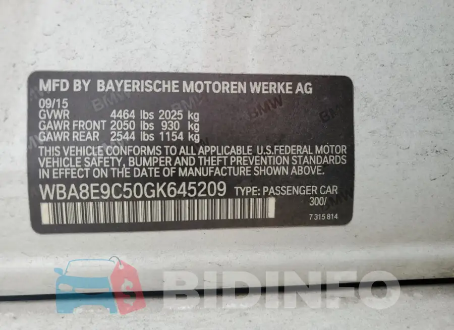 WBA8E9C50GK645209 Photo# 13