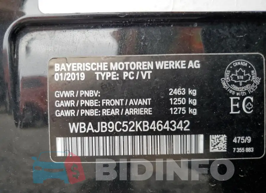 WBAJB9C52KB464342 Photo# 12