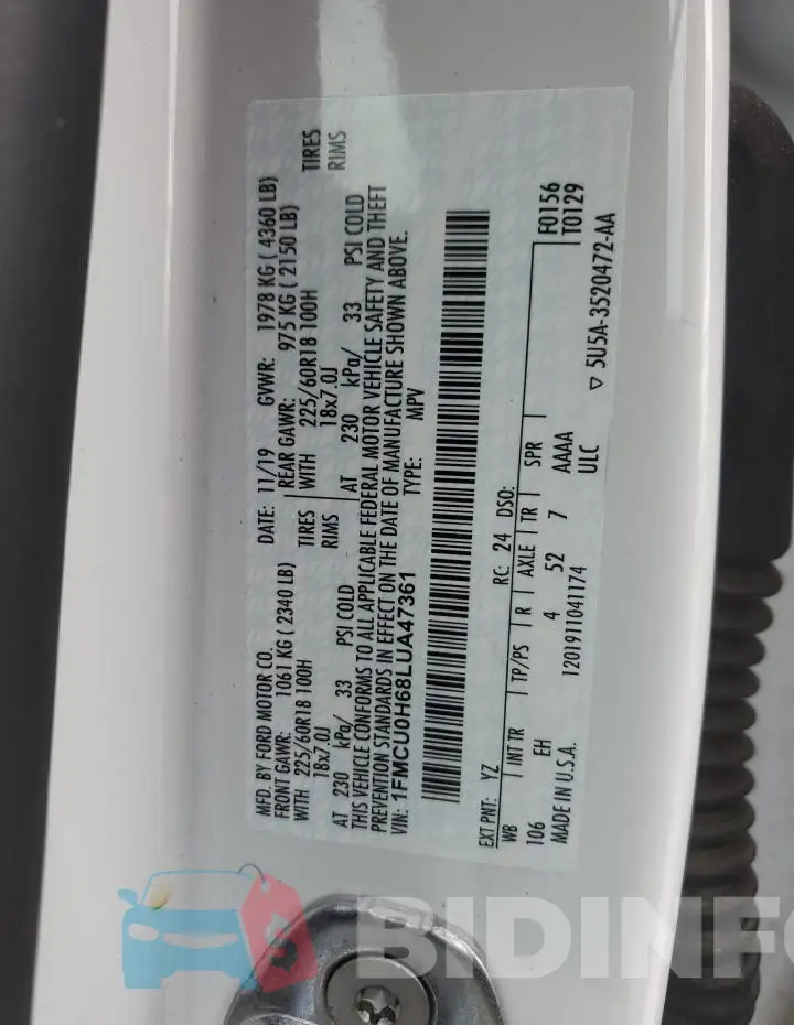 1FMCU0H68LUA47361 Photo# 13