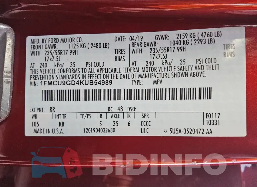 1FMCU9GD4KUB54989 Photo# 13