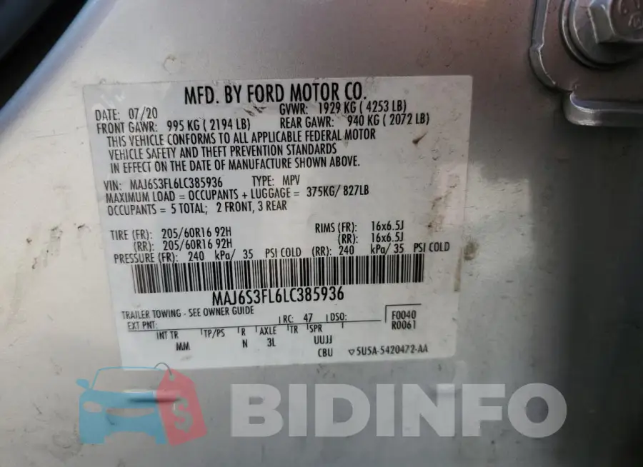 MAJ6S3FL6LC385936 Photo# 13