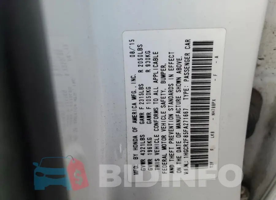 1HGCR2F85FA271667 Photo# 12