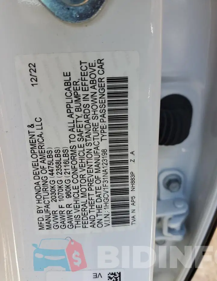 1HGCV1F31NA123198 Photo# 13