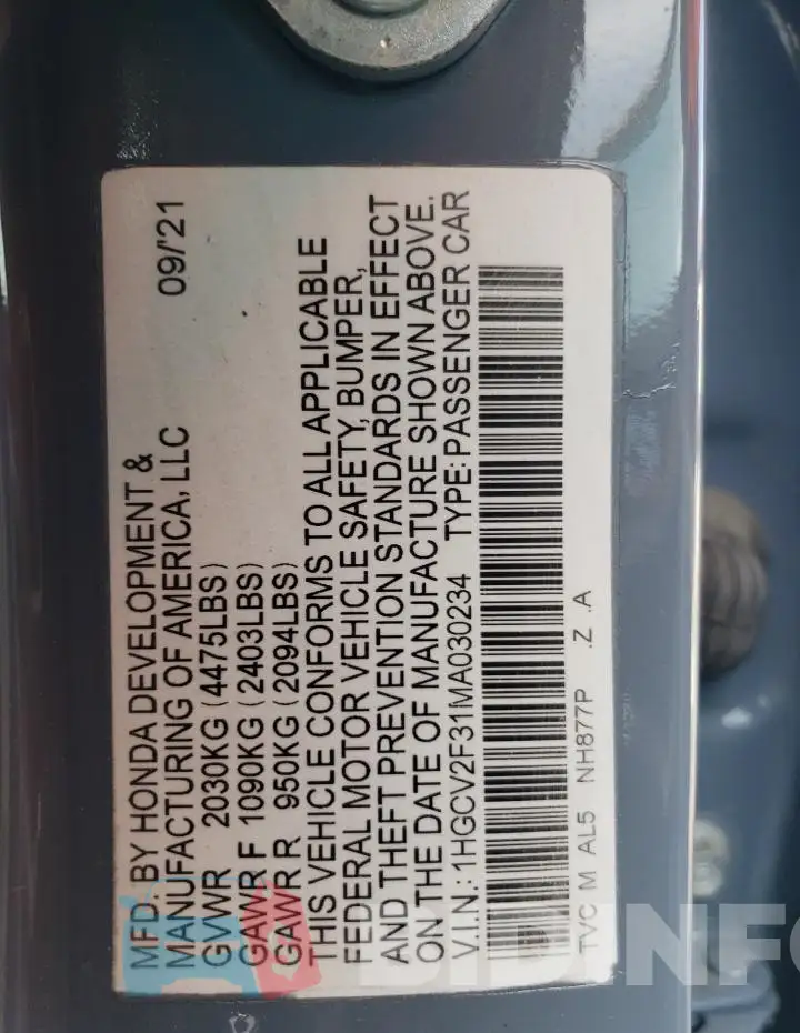 1HGCV2F31MA030234 Photo# 13