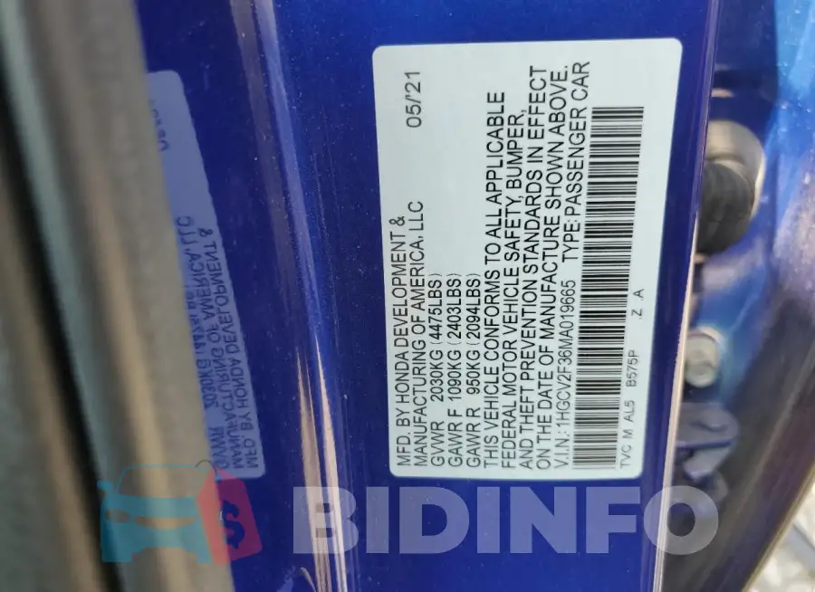 1HGCV2F36MA019665 Photo# 12