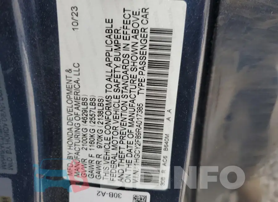 1HGCY2F89RA017385 Photo# 12