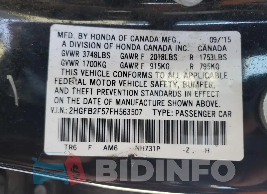 2HGFB2F57FH563507 Photo# 12