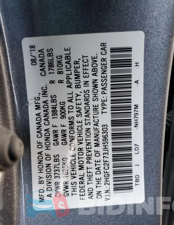 2HGFC2F73JH596303 Photo# 12