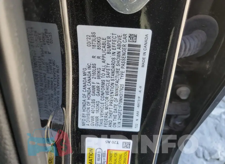 2HGFE1F79NH317625 Photo# 13