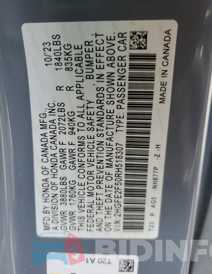 2HGFE2F50RH518307 Photo# 13