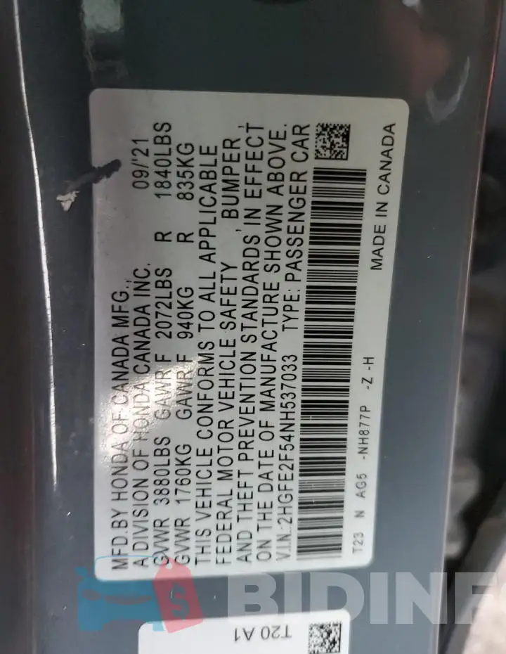 2HGFE2F54NH537033 Photo# 12