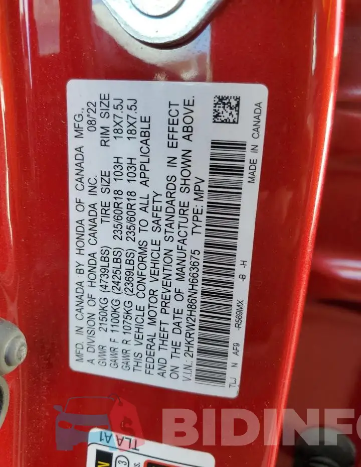 2HKRW2H86NH663675 Photo# 14