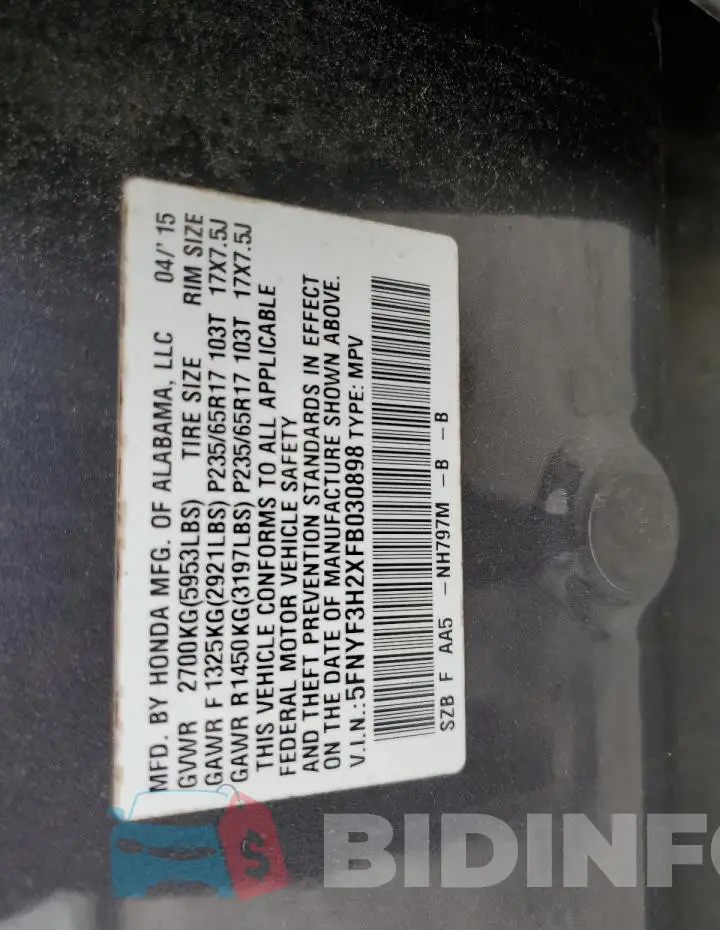 5FNYF3H2XFB030898 Photo# 13