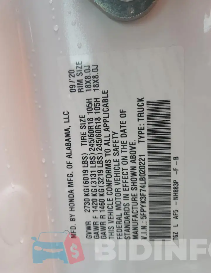 5FPYK3F74LB020221 Photo# 13