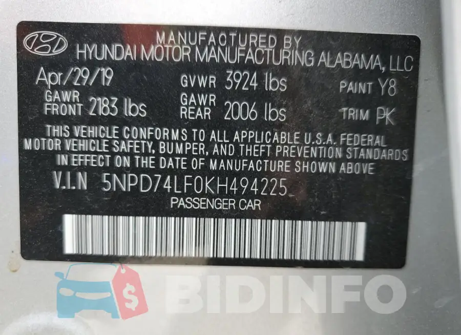 5NPD74LF0KH494225 Photo# 12