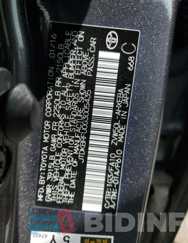 JTDKBRFU0G3005435 Photo# 12