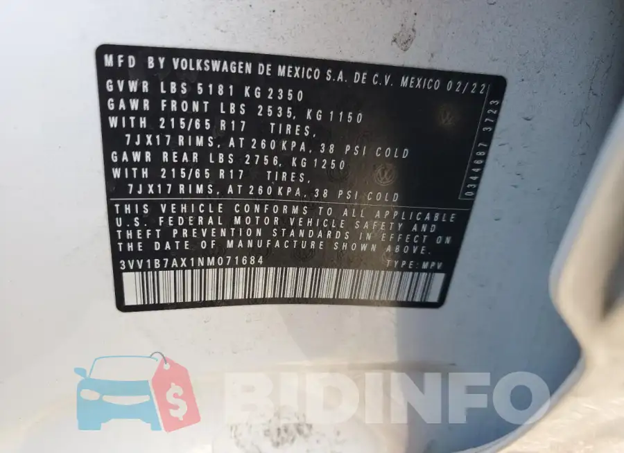3VV1B7AX1NM071684 Photo# 14