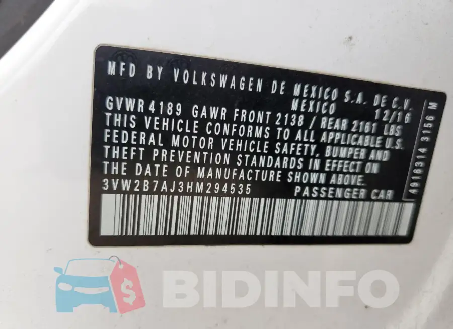 3VW2B7AJ3HM294535 Photo# 13
