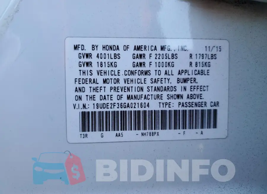 19UDE2F36GA021604 Photo# 12