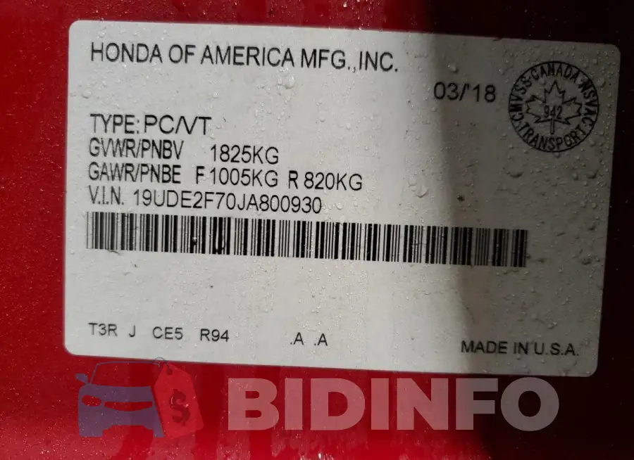 19UDE2F70JA800930 Photo# 12