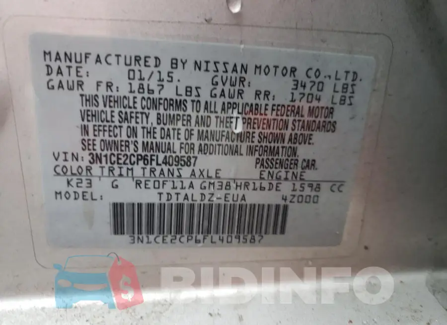 3N1CE2CP6FL409587 Photo# 12