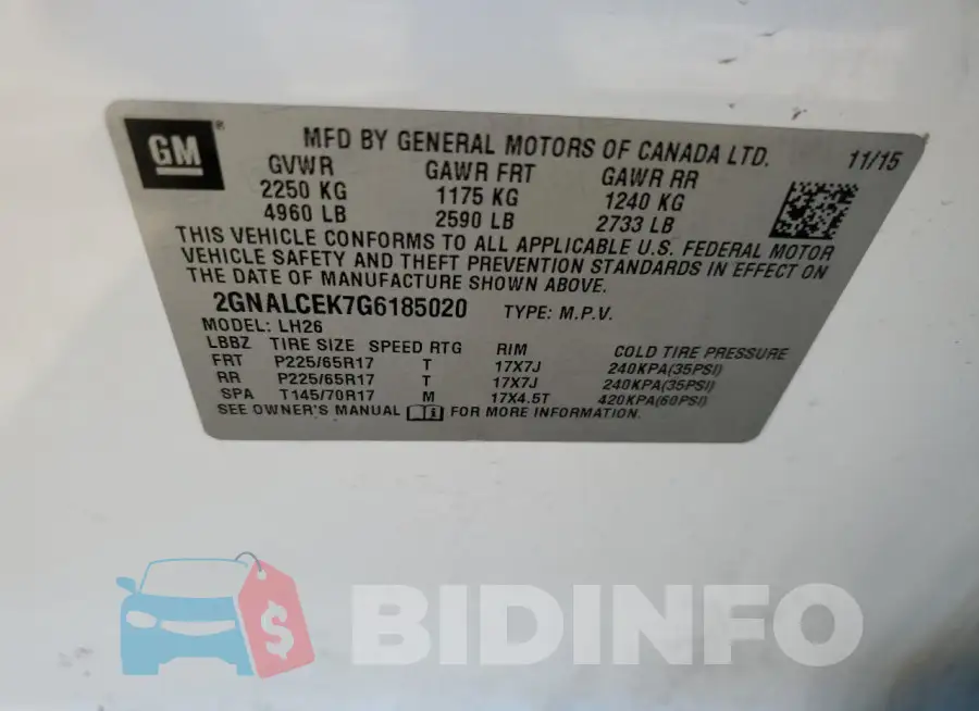 2GNALCEK7G6185020 Photo# 13