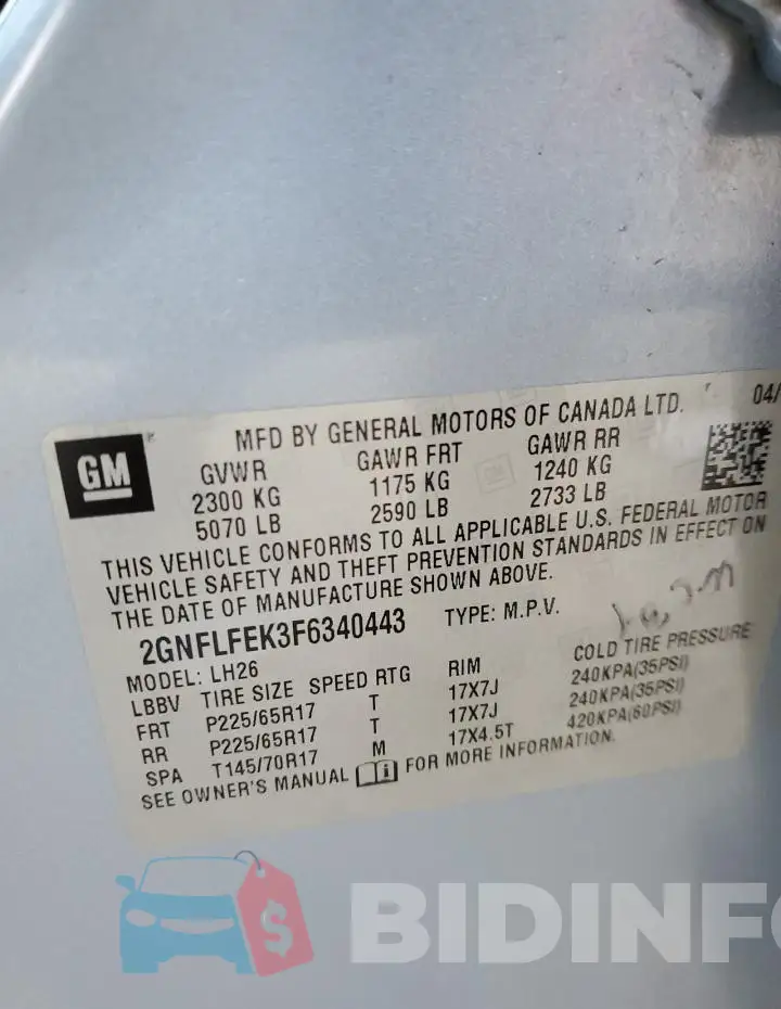 2GNFLFEK3F6340443 Photo# 13