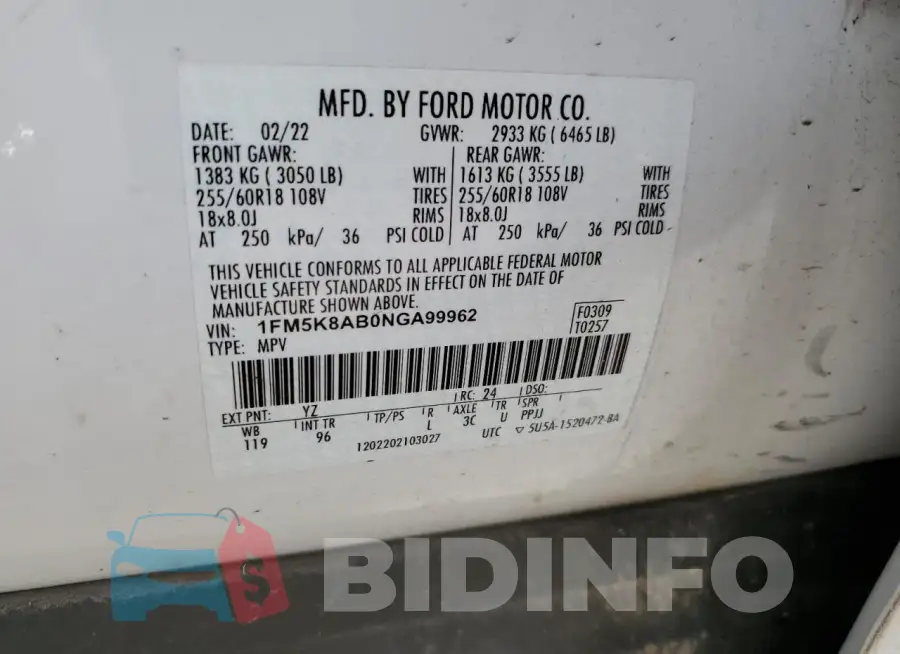 1FM5K8AB0NGA99962 Photo# 13