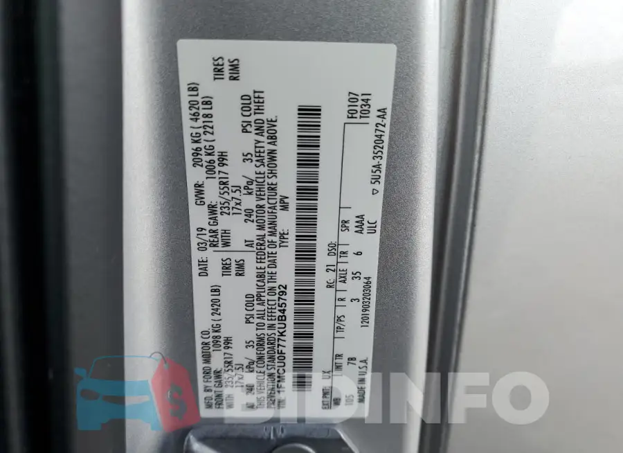 1FMCU0F77KUB45792 Photo# 13