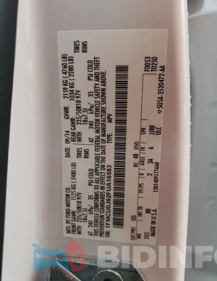 1FMCU0J92FUA16583 Photo# 13