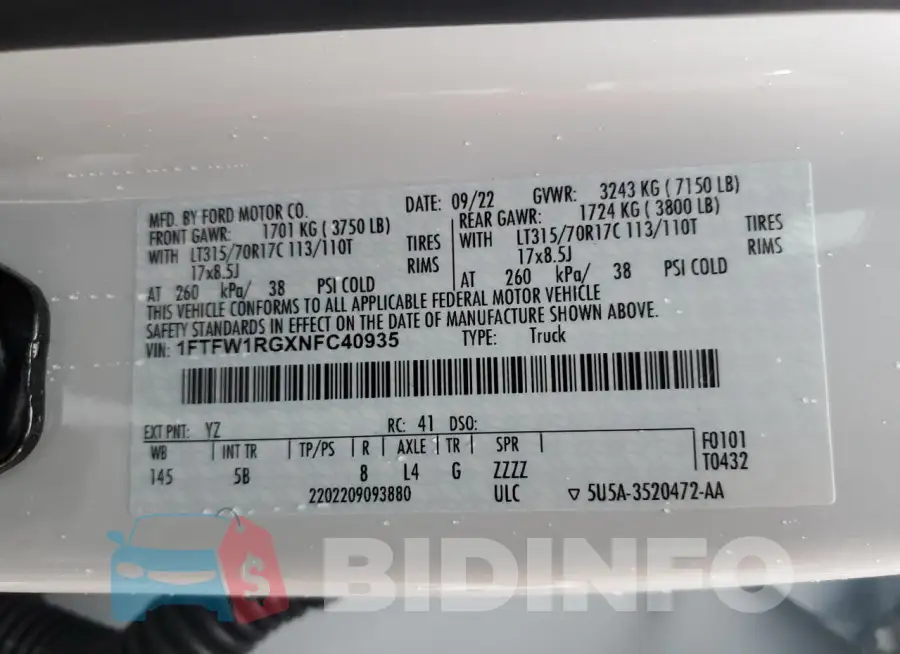 1FTFW1RGXNFC40935 Photo# 12