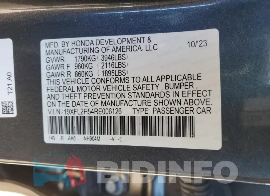 19XFL2H54RE006126 Photo# 12