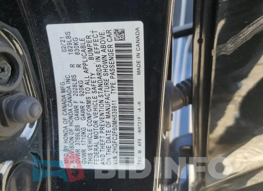 2HGFC2F60MH539911 Photo# 13