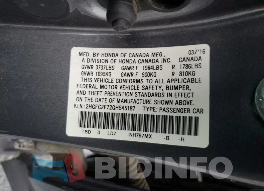 2HGFC2F72GH545187 Photo# 13