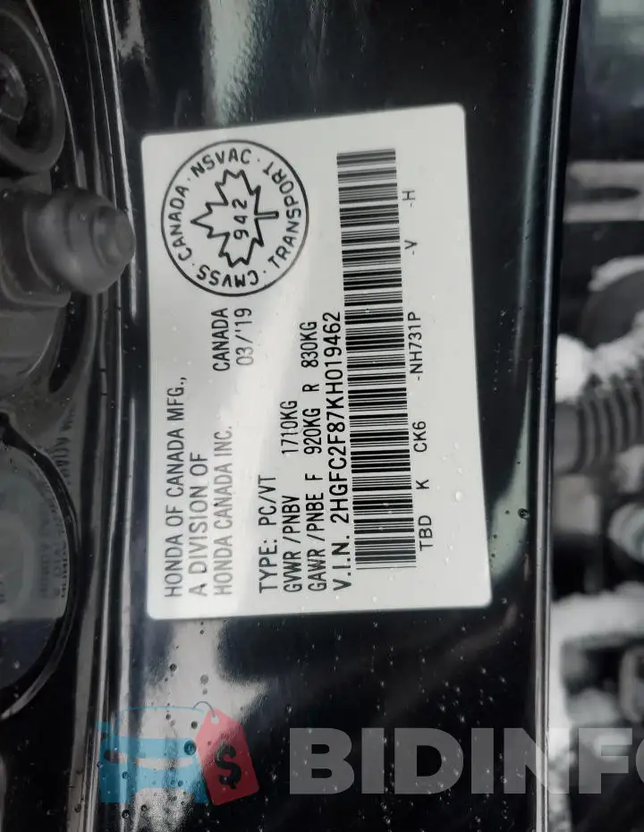 2HGFC2F87KH019462 Photo# 12